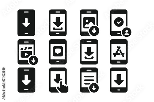 Mobile Download Icons. Solid style icons of mobile downloads: phone with arrow, mobile app download, image save to phone, offline