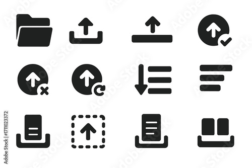 Upload Interface Icons. Solid style icons of upload interfaces: upload manager icon, active upload tray, progress bar icon, upload