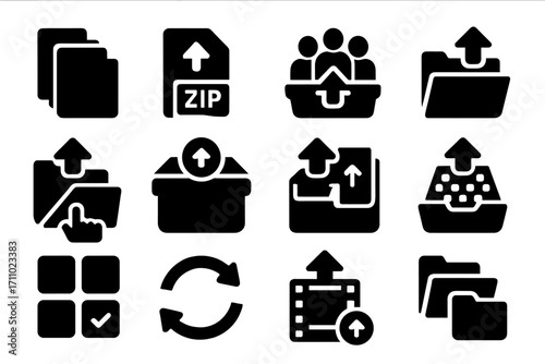 Bulk Upload Icons. Solid style icons of bulk uploads: multiple files icon, zip file arrow up, group upload tray, folder batch