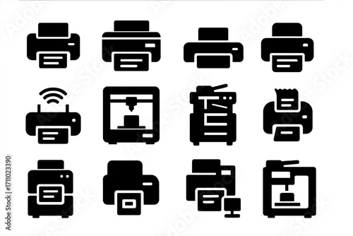 Printer Device Icons. Solid style icons of printer devices: desktop printer, laser printer icon, inkjet printer, portable printer,