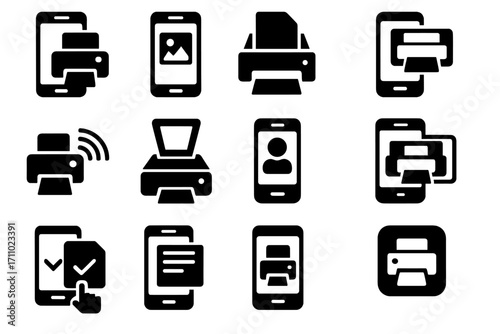 Mobile Printing Icons. Solid style icons of mobile printing: smartphone with printer, print from gallery icon, mobile print tray,