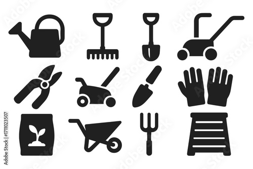 Gardening Tools Icons. Solid style icons of gardening tools: watering can, rake, shovel, hoe, pruner, lawnmower, trowel, garden