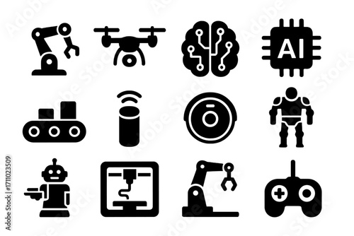 Robotics and Automation Icons. Solid style icons of robotics and automation: robotic arm, drone, circuit brain, AI chip, conveyor