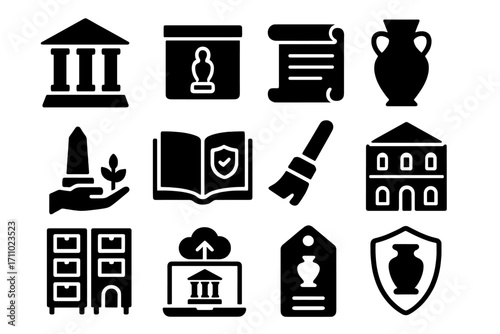 Cultural Heritage Icons. Solid style icons of cultural heritage preservation: museum icon, artifact box, historical scroll,