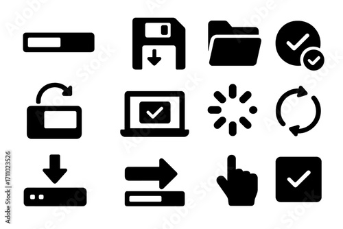 Progress Save Icons. Solid style icons of save progress: loading bar, save state button, draft folder, progress save icon, restore