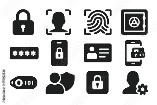 Icons of Digital Security. Solid style icons of personal security: padlock, face ID, fingerprint scan, personal vault, password
