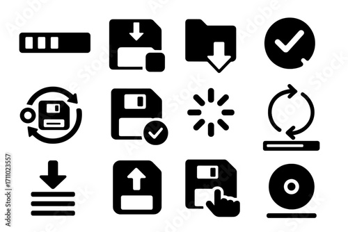 Progress Save Icons. Solid style icons of save progress: loading bar, save state button, draft folder, progress save icon, restore