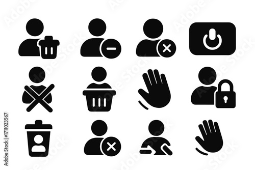 Account Termination Icons. Solid style icons of account termination: delete profile, remove login, close account icon, deactivate