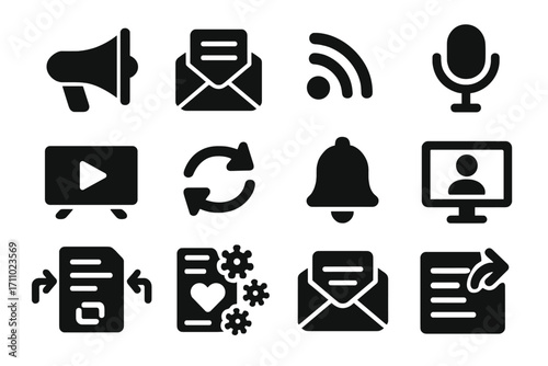 Content Distribution Icons. Solid style icons of content distribution: megaphone, newsletter send, RSS icon, podcast sharing,
