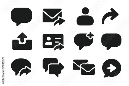 Communication Tool Icons. Solid style icons of communication tools: chat bubble with arrow, mail forward, social DM icon, reply