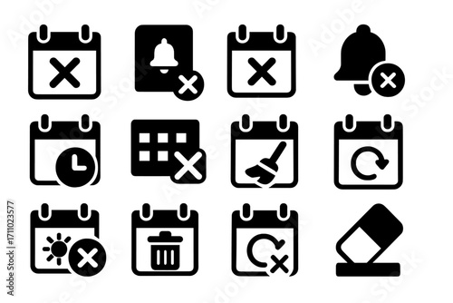 Event Removal Icons. Solid style icons of event removal: cancel calendar, delete reminder, event with cross, remove RSVP, cancel