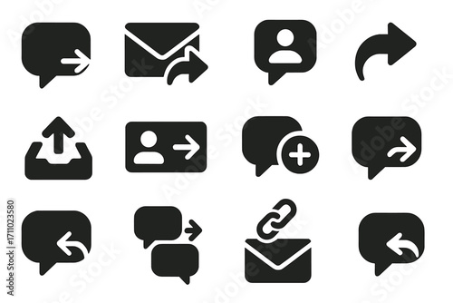 Communication Tool Icons. Solid style icons of communication tools: chat bubble with arrow, mail forward, social DM icon, reply