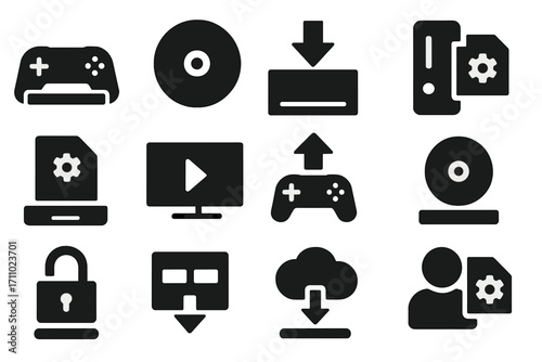 Game Installation Icons. Solid style icons of game installation: game controller with tray, install game disc icon, digital