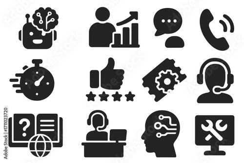 Chatbot Support Icons. Solid style icons of chatbot and support upgrades: chatbot intelligence icon, support tier upgrade, live