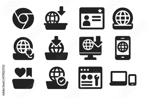 Browser Installation Icons. Solid style icons of browser installation: Chrome icon tray, browser install arrow, browser setup