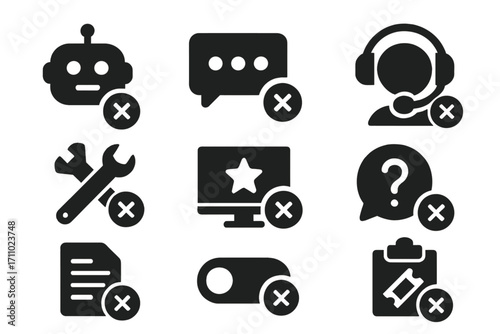 Icon Deactivation Set. Solid style icons of chatbot and support removal: chatbot deactivation icon, remove live chat tray, support