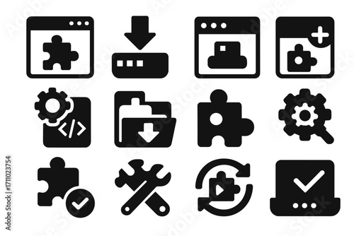 Plugin Install Icons. Solid style icons of plugin and extension installs: browser extension icon, plugin download symbol, widget