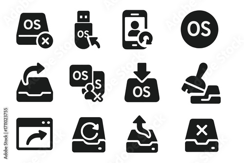 Operating System Icons. Solid style icons of operating system uninstallation: OS partition delete, uninstall from boot icon,