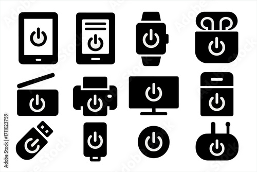 Device Shutdown Icons. Solid style icons of device shutdown: tablet with power icon, e-reader shutdown symbol, smartwatch power