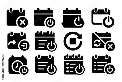 Calendar Shutdown Icons. Solid style icons of scheduling and calendar shutdown: event cancellation icon, calendar app power off,