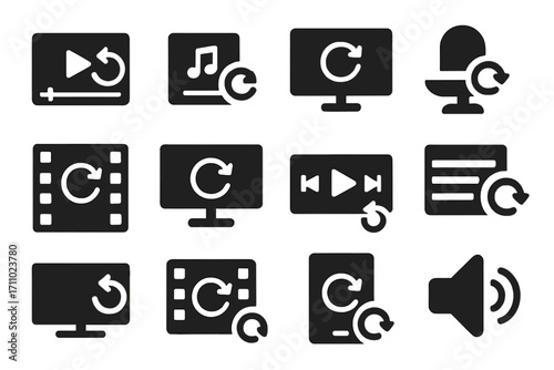 Media Icons Refresh. Solid style icons of entertainment and media restart: video player restart button, music player reload,