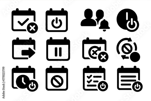 Calendar Shutdown Icons. Solid style icons of scheduling and calendar shutdown: event cancellation icon, calendar app power off,