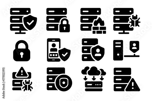Server Security Icons. Solid style icons of server security: shield on server icon, locked server tray, firewall with server, anti