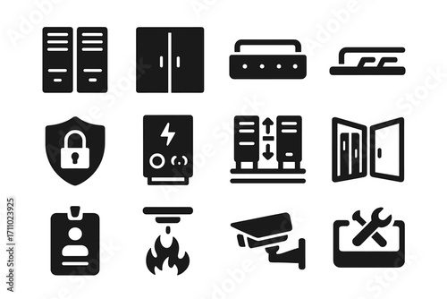Server Room Icons. Solid style icons of server rooms: row of servers icon, datacenter door tray, cooling fan unit, cable
