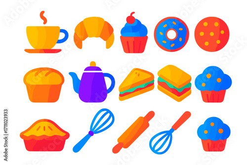 Bakery & Coffee Icons. Modern gradient icons of bakery and coffee shop essentials: coffee cup, croissant, cupcake, donut, loaf of