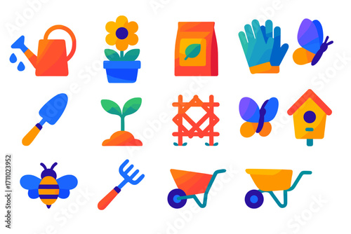 Spring Gardening Icons. Modern gradient icons of seasonal spring gardening: watering can, flower pot, seed pack, gloves, trowel,