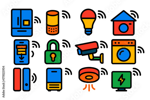 Smart Home Icons. Flat vector icons of Smart Home Networking: connected fridge, smart speaker, IoT light bulb, home hub,