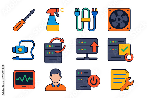 Server Maintenance Icons. Flat vector icons of Server Maintenance: screwdriver tool, cleaning kit, replacement fan, cable