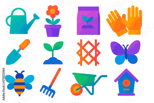 Spring Gardening Icons. Modern gradient icons of seasonal spring gardening: watering can, flower pot, seed pack, gloves, trowel,