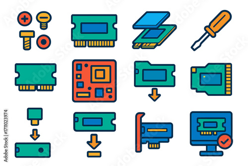 SSD Installation Icons. Flat vector icons of SSD Installation: mounting screws, M.2 slot, PCIe slot, thermal pad application,