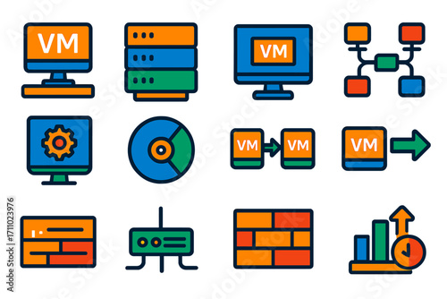 Virtualization Icon Set. Flat vector icons of Server Virtualization: virtual machine, hypervisor icon, VM console, virtual network