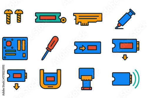 SSD Installation Icons. Flat vector icons of SSD Installation: mounting screws, M.2 slot, PCIe slot, thermal pad application,