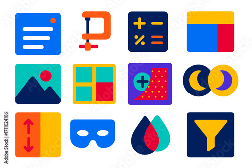 Advanced CSS Icons. Flat vector icons of Advanced CSS Techniques: custom properties, clamp function, calc function, aspect-ratio,