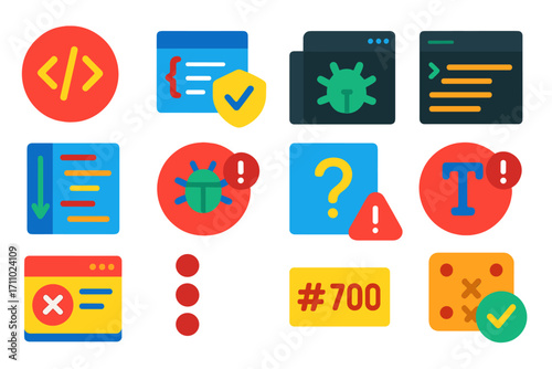 JavaScript Error Icons. Flat vector icons of JavaScript Errors and Debugging: syntax error icon, try-catch block, debugger tool,