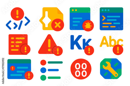 JavaScript Error Icons. Flat vector icons of JavaScript Errors and Debugging: syntax error icon, try-catch block, debugger tool,