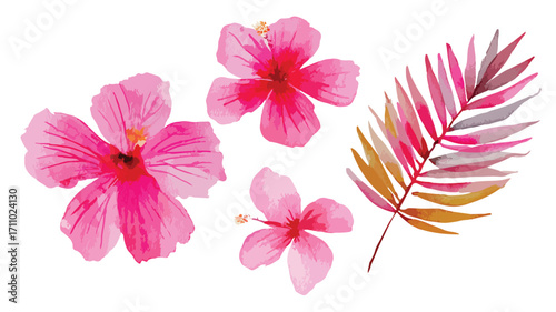 Exquisite Watercolor Pink Tropical Flowers Set Hand Drawn