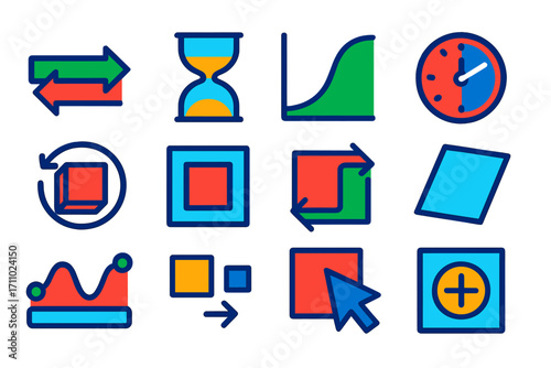 CSS Transition Icons. Flat vector icons of CSS Transitions and Transforms: transition property, duration icon, easing curve, delay