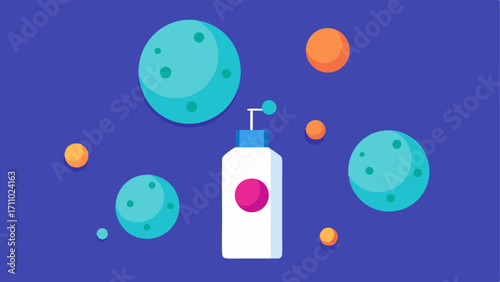 Exosome Particles A magnified view of exosome particles represented as small spheres floating near the lotion bottle to symbolize their active ingredients.