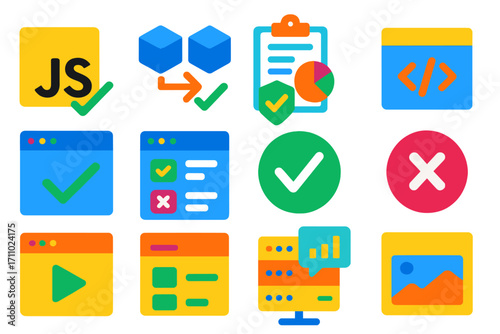 JavaScript Testing Icons. Flat vector icons of JavaScript Testing: unit test icon, integration test, test coverage, expect