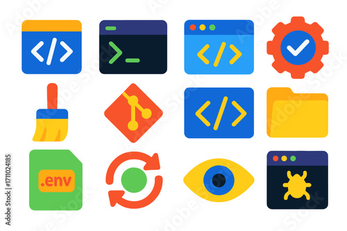 JavaScript Tool Icons. Flat vector icons of JavaScript Dev Environment: text editor icon, terminal console, browser dev tools,
