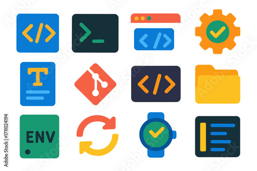 JavaScript Tool Icons. Flat vector icons of JavaScript Dev Environment: text editor icon, terminal console, browser dev tools,
