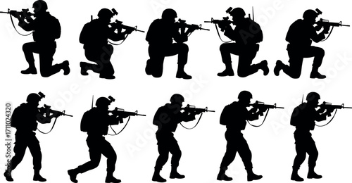 Silhouettes of Armed Soldiers in Tactical Combat Poses with Rifles, Helmets, and Gear for Military Training and Warfare Illustration
