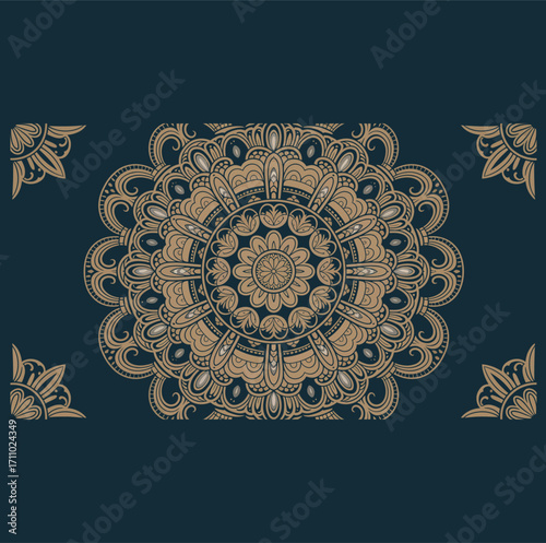 Intricate gold mandala pattern on dark teal background with corner accents ornamental decorative