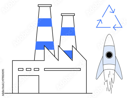 Factory with twin smokestacks, recycling arrows, and small rocket launch representing progress, innovation, eco-friendliness. Ideal for sustainability, manufacturing, technology, growth future