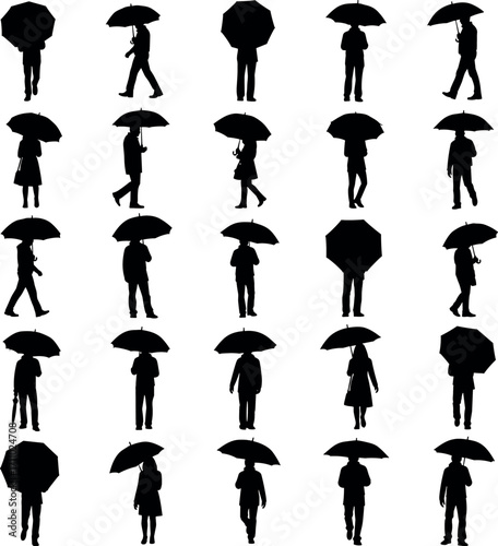 Silhouettes of People Holding Umbrellas in Rainy Weather with Unique Highlighted Figure – Urban Crowd Concept for Pattern Recognition