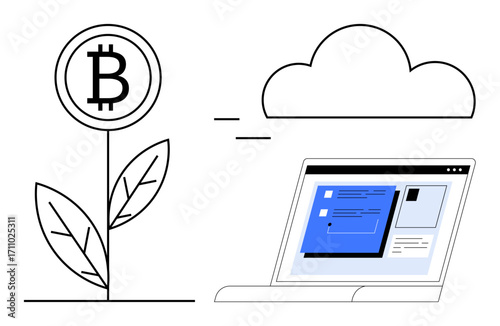Plant with Bitcoin symbol beside cloud and laptop screen displaying blue interface. Ideal for cryptocurrency, blockchain, investment growth, fintech, technology, cloud computing, finance concepts